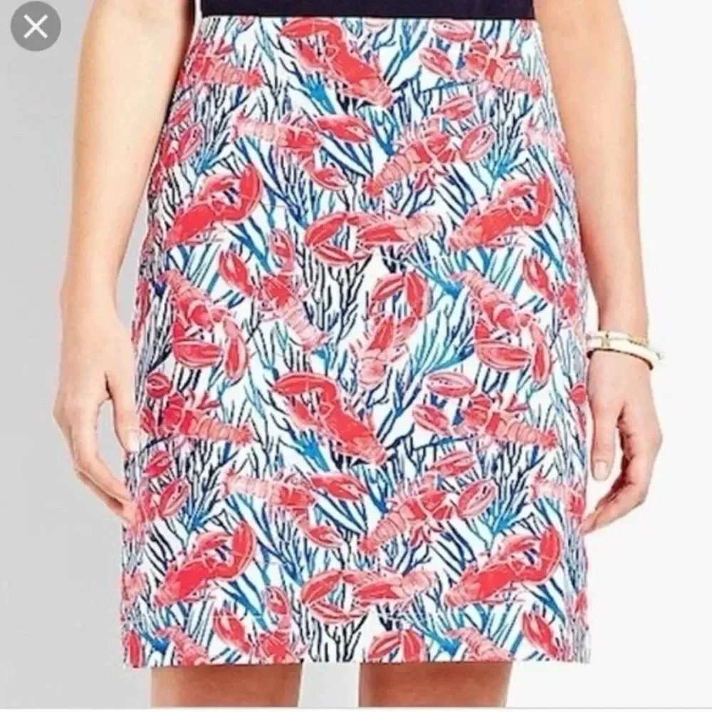 Talbots Coastal Beach Resort Lobster Print Stretch Cotton Canvas Skirt Size 0 XS